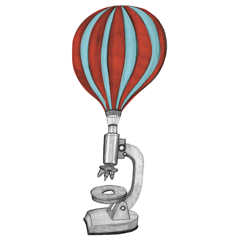 Naturkita Waldforscher - Grafik (Zeichnung): An dem Okular eines Mikroskops befestigt fliegt ein Bunter Ballon.