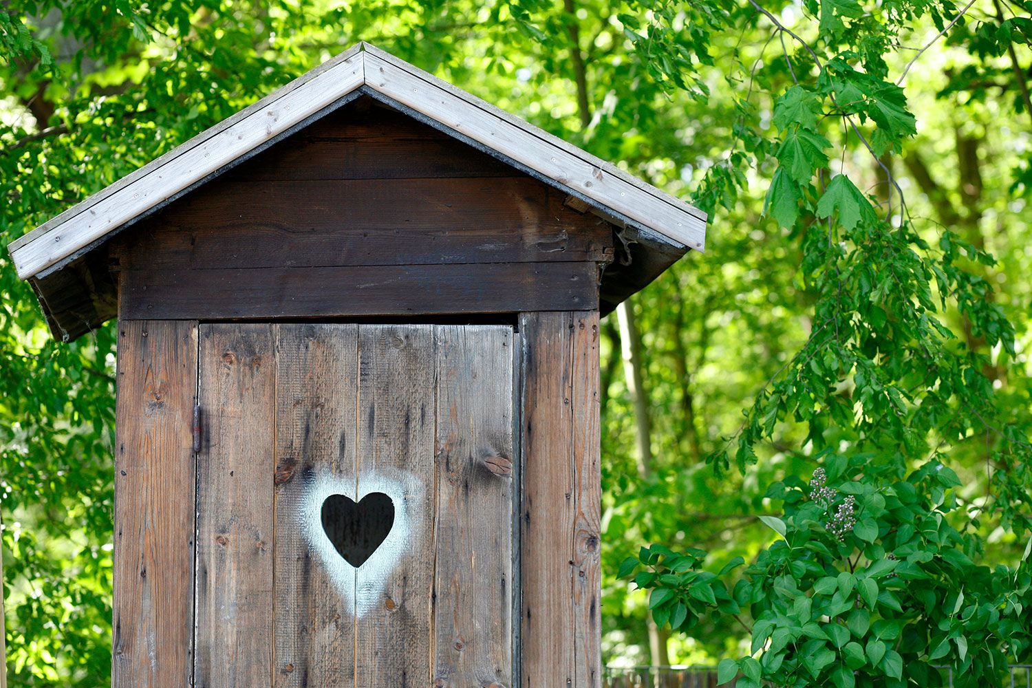 Naturkita Waldforscher - Das stille Örtchen, ein kleines Holzhaus mit Herz und spitzem Giebel vor der Waldkulisse.