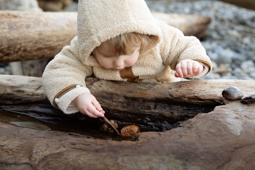 Naturkita Waldforscher in Hamburg - Ein Krippenkind im Wollpullover spielt an einem ausgehöhlten Baumstamm mit Steinen.